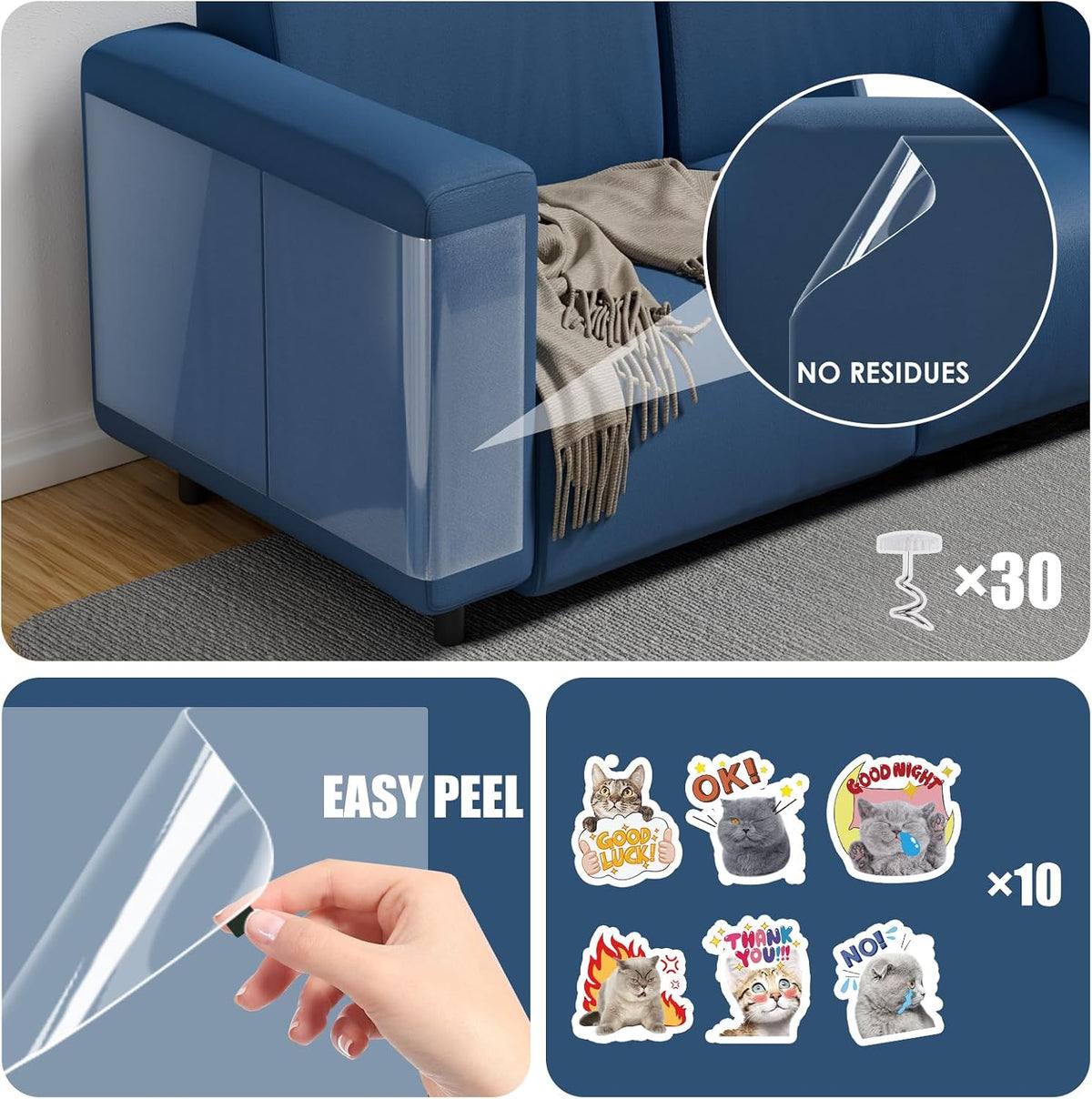NO PINS Pain Cat Scratch Furniture Protector-12 Pack Thicken - 10PC-30 PINS - image 2