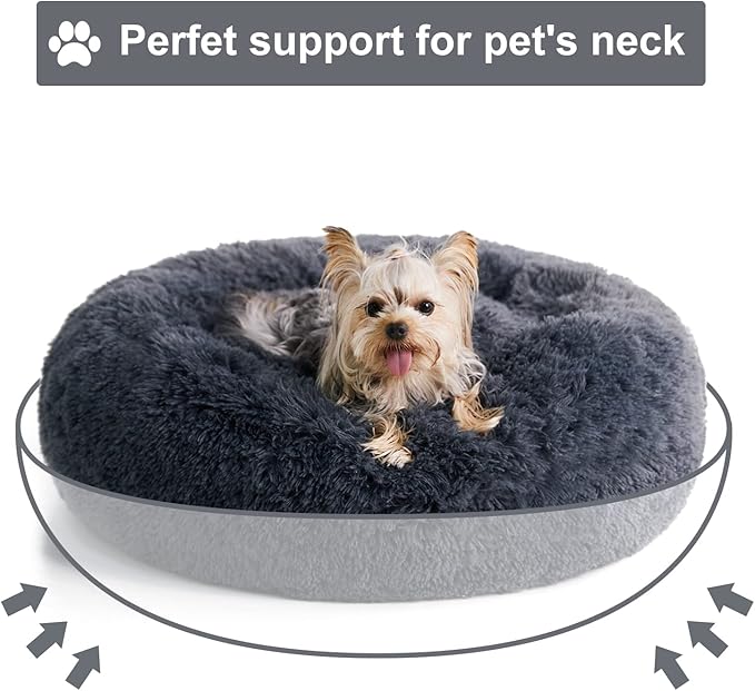 WNPETHOME Calming Dog Bed & Cat Bed, Anti-Anxiety Donut Small Dog Beds, Fluffy Faux Fur Cat Cushion Dogs Beds for Small Dogs and Cats (20 x 20 x 8 Inch, Navy Grey)