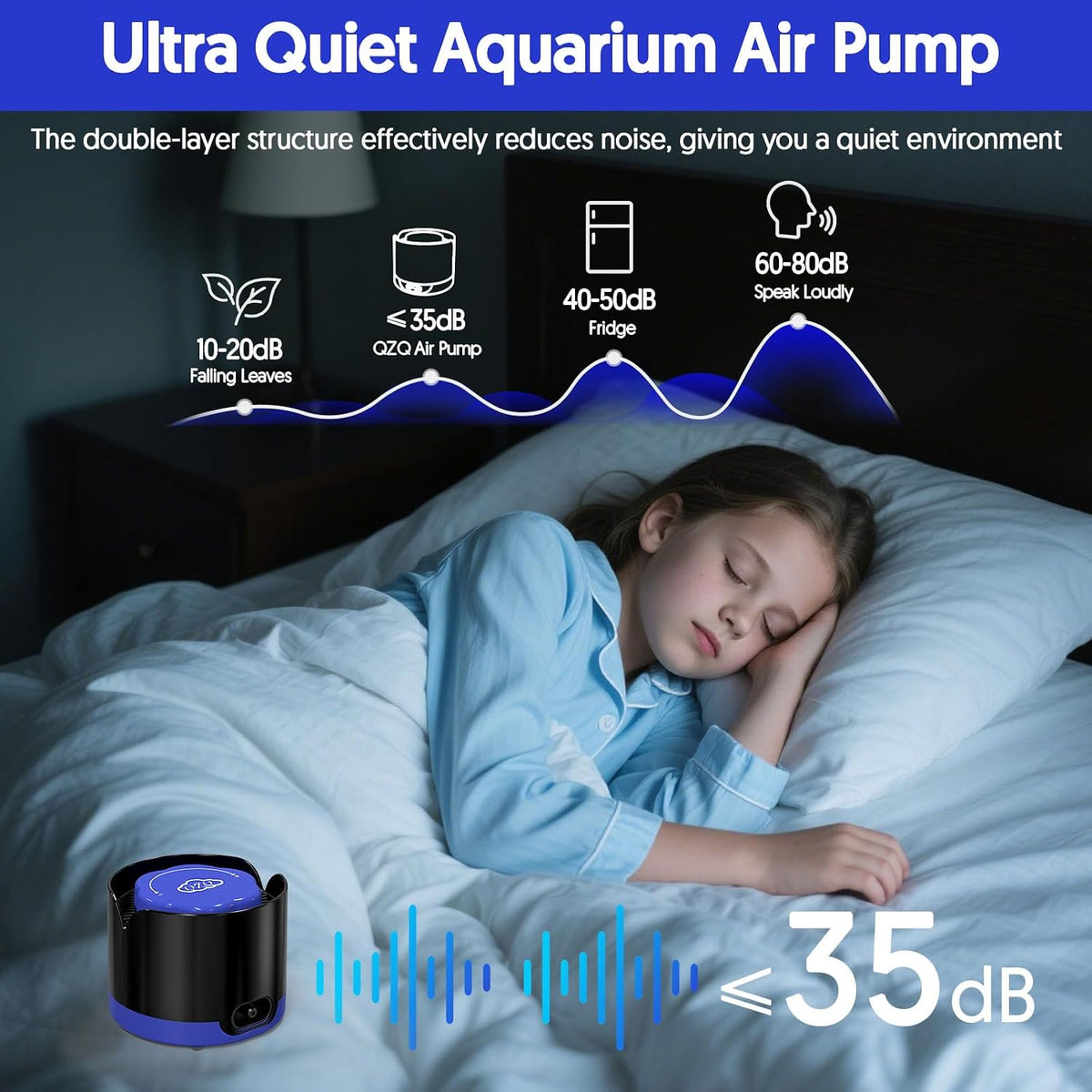 Aquarium Air Pump, Quiet Fish Tank Air Pump with Dual Outlets - 2W (Up to 20 Gallon) - image 3