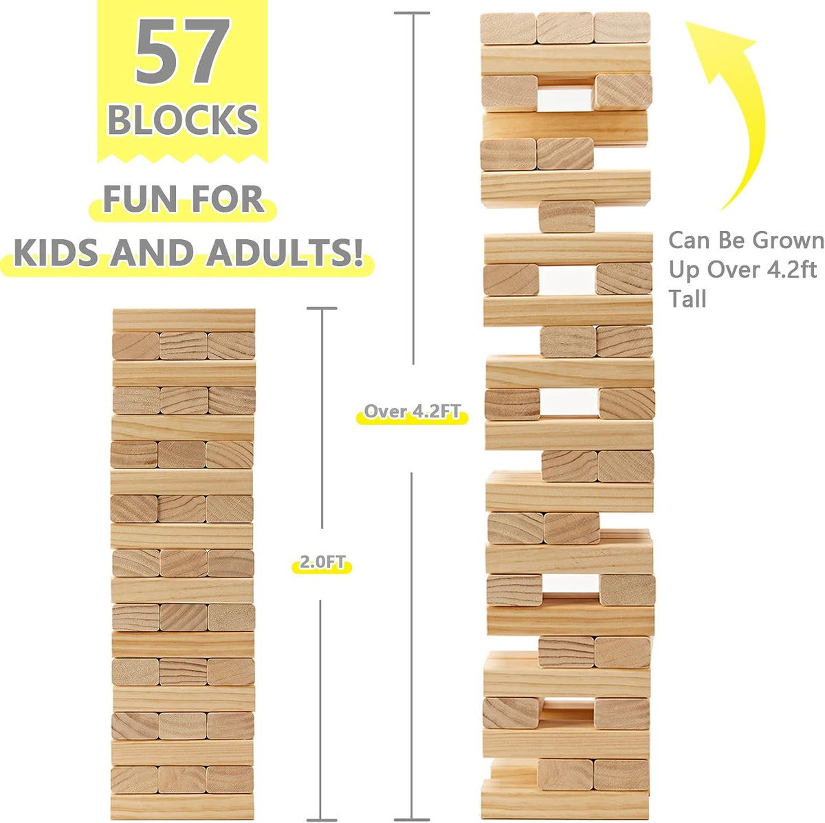 GOROCK Giant Tumbling Tower Game，57Pcs Wooden Block Stacking Game - L-Over 4.2 FT - image 3