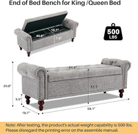 58.1'' Storage Bench Upholstered Chenille End of Bedroom Bed Bench Ottoman with Tufted Cushioned Rolled Arm Large Storage Space for Reading Living Room Entryway, Light Grey