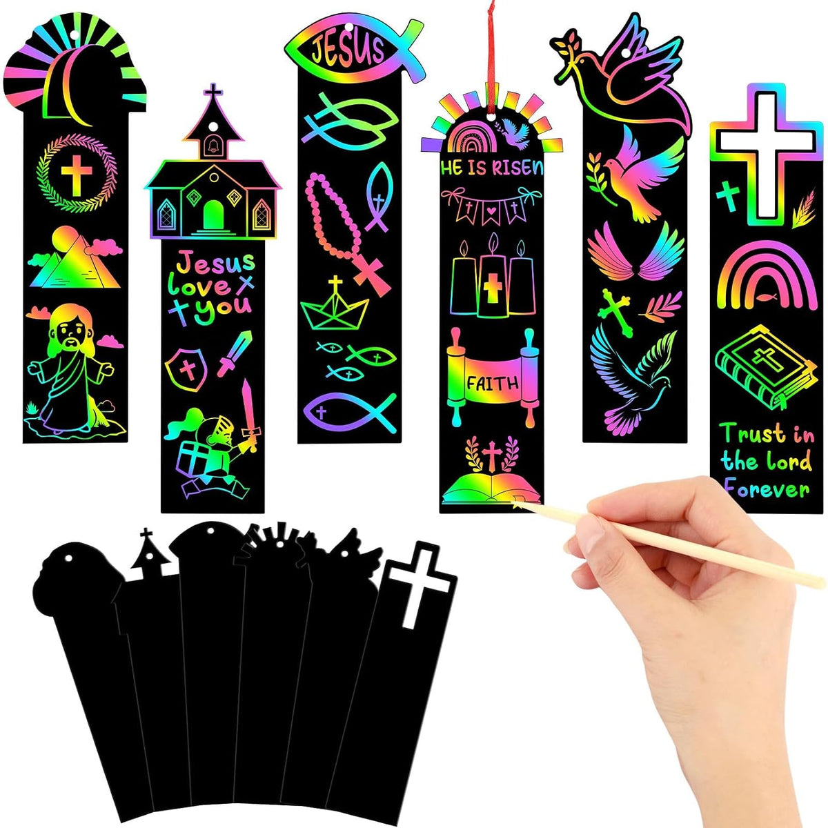 JUNEBRUSHS rainbow scratch art bookmarks with bamboo scratch sticks and colored satin ropes - view 6