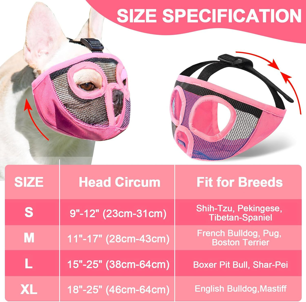Short Snout Dog Muzzle - Adjustable Breathable Mesh Bulldog Muzzle for Biting Chewing Barking - Pink / X-large/ 18"-25" - image 4