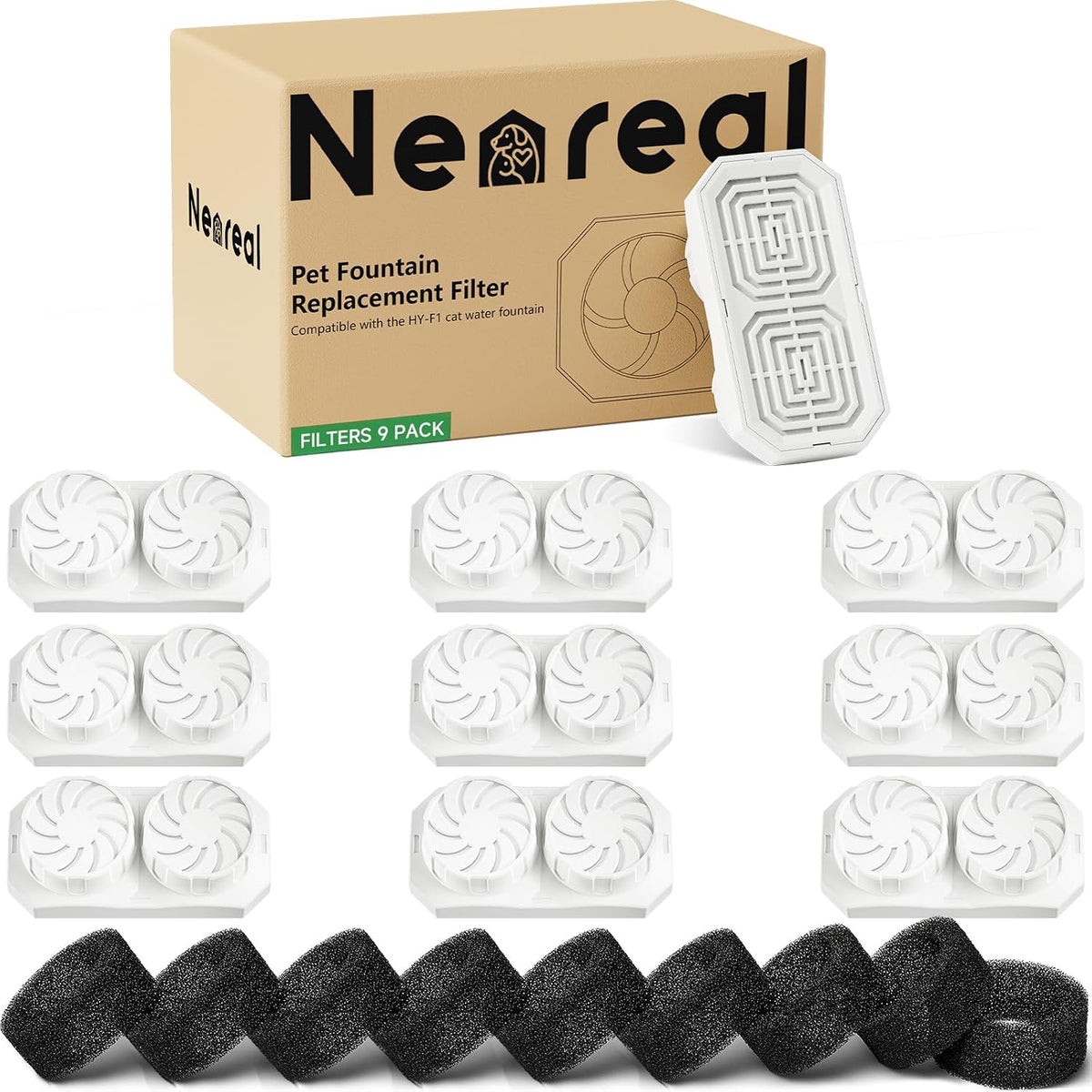 Neareal Official 6-Pack Replacement Filter Set for 108oz Cat Fountain – Essentials for Cats - 9 Filters & 9 Sponges Replacement