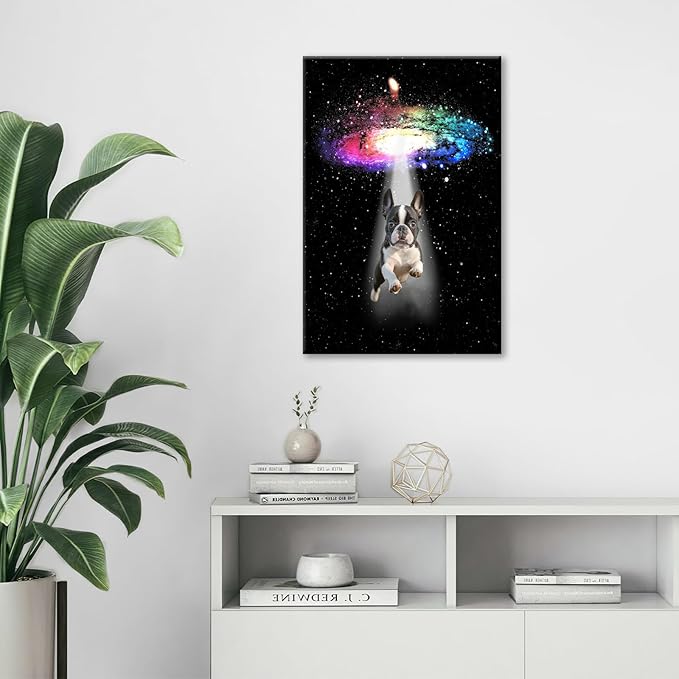 Funny Dog Wall Art Canvas Boston Terrier Wall Decor Prints Framed Painting Bulldog Galaxy Pictures Gifts Artwork for Bathroom 16"x24"