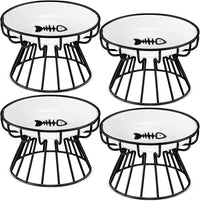 4 Sets Elevated Cat Bowls Ceramic Raised Cat Food Bowls with Metal - Black / Fishbone