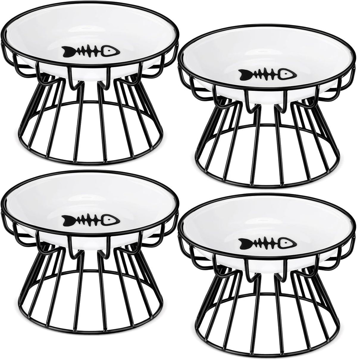 4 Sets Elevated Cat Bowls Ceramic Raised Cat Food Bowls with Metal - Black / Fishbone