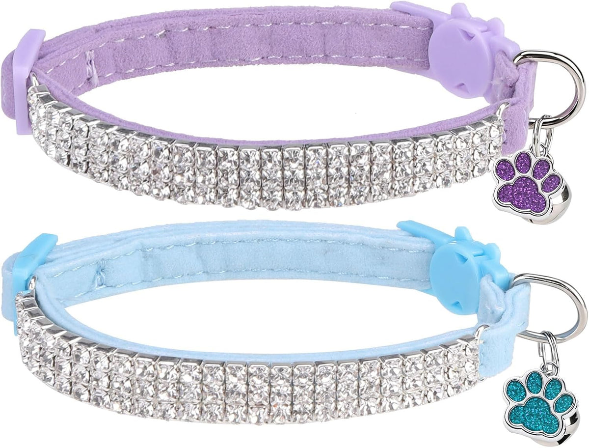 2 Pack Soft Velvet Safe Bling Diamond Cat Collars with Bells – Essentials for Cats - Blue + Light Purple / 7"-9" For Cats