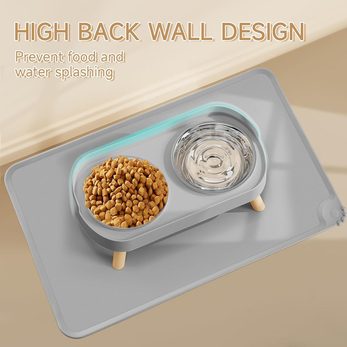 Elevated Cat Bowl, Raised Cat Food and Water Bowl Set for Indoor Cats, Splash Proof with 2 - Cat Bowls with mat - grey - image 2
