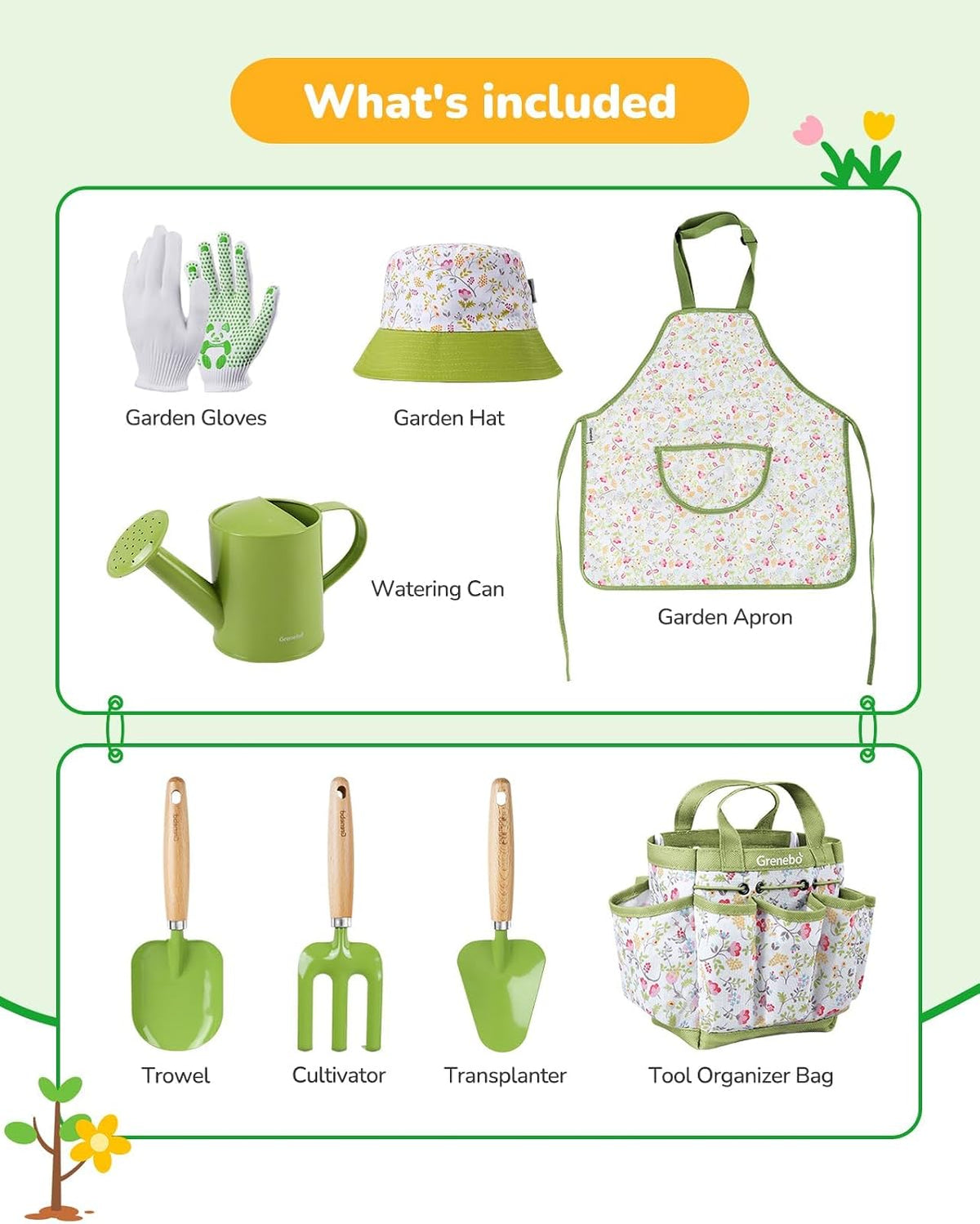 Grenebo 8-Piece Kids Gardening Set with Garden Tools for Kids - A-green - image 2