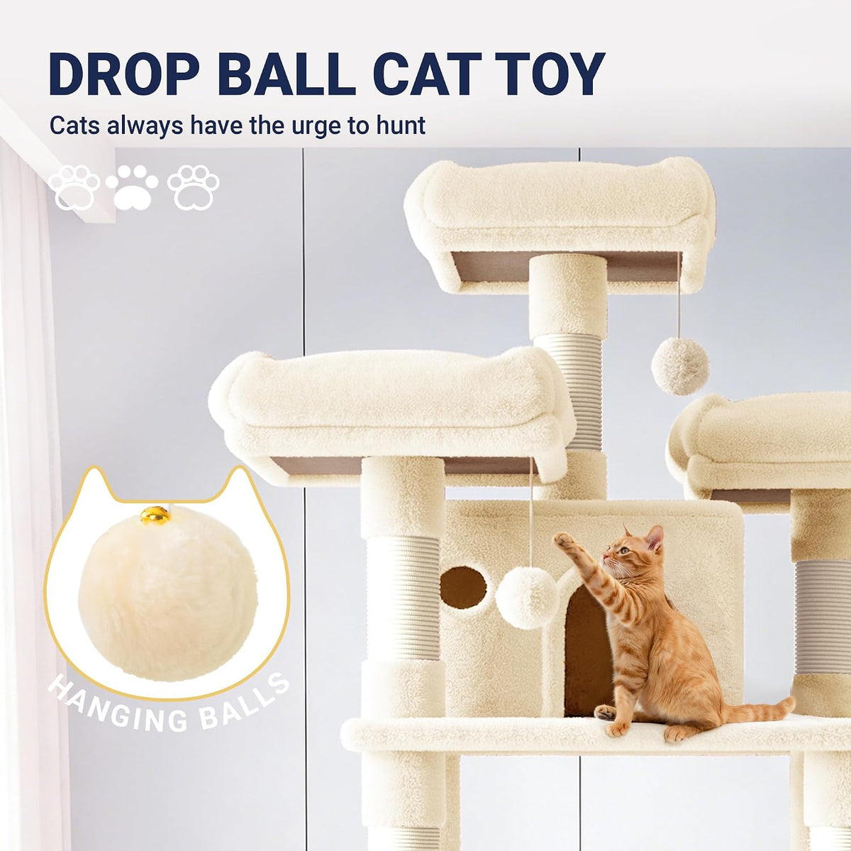 Allewie 68 Inches Cat Tree/House and Towers for Big Feline/Scratching - 82 in / Beige - image 3