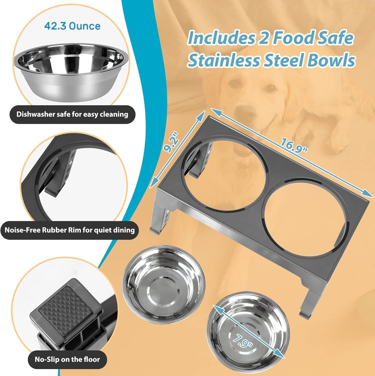 Elevated Dog Bowls with 2 Stainless Steel Dog Food Bowls - Grey / Round Bowls - image 3