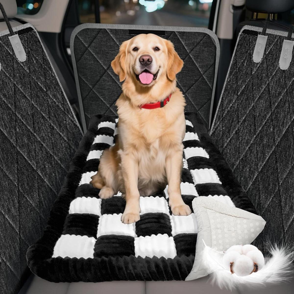Thickened Dog Bed for Car Back Seat, Upgraded Bottom Non-Slip - Black-White