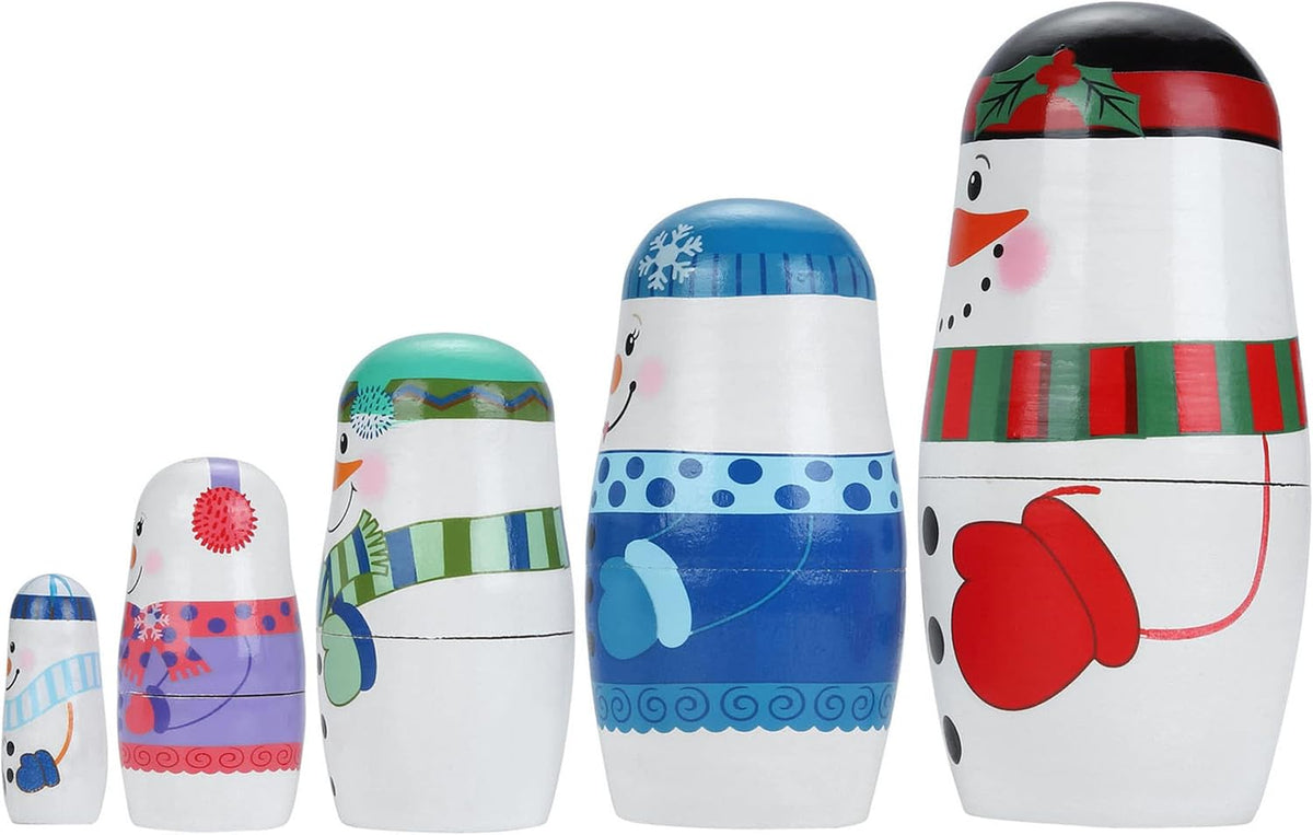 Mornajina set of 5 handmade wooden snowman Russian nesting dolls in different sizes and colors - view 2