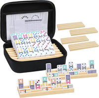 Mexican Train Dominoes Set with Numbers and 4 Wooden Trays/Racks - D12 Dot 8 Players