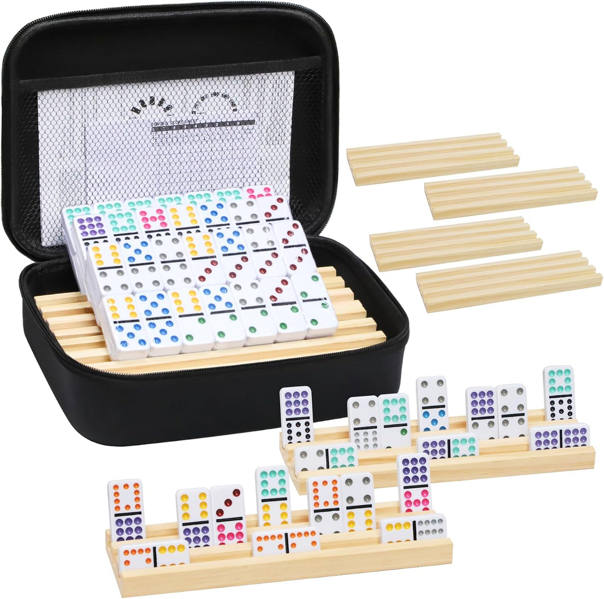 Mexican Train Dominoes Set with Numbers and 4 Wooden Trays/Racks - D12 Dot 8 Players