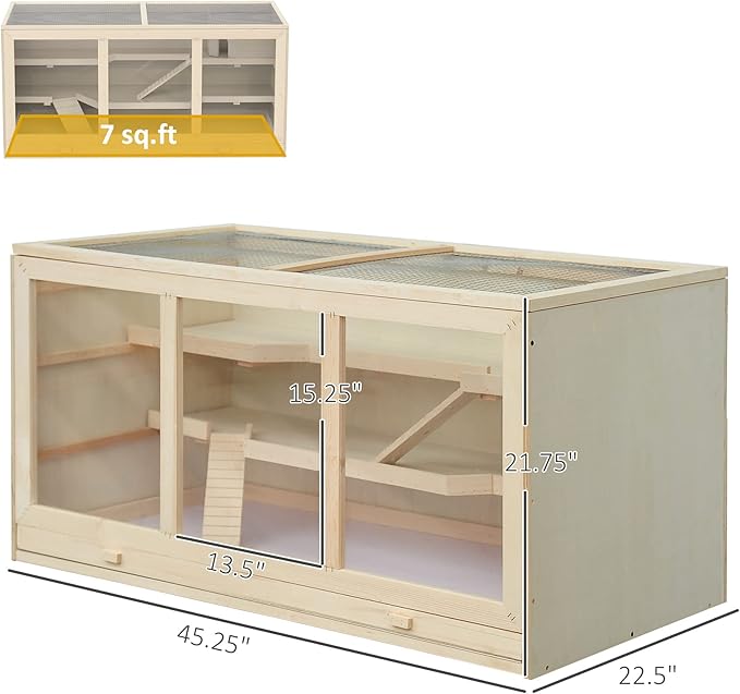 PawHut 45" Extra Large Wooden Hamster Cage, 3-Layer Chewproof Rat Cage with Opening Roof, Hut, Ramps, for Gerbil, Dwarf & Syrian Hamsters, Natural