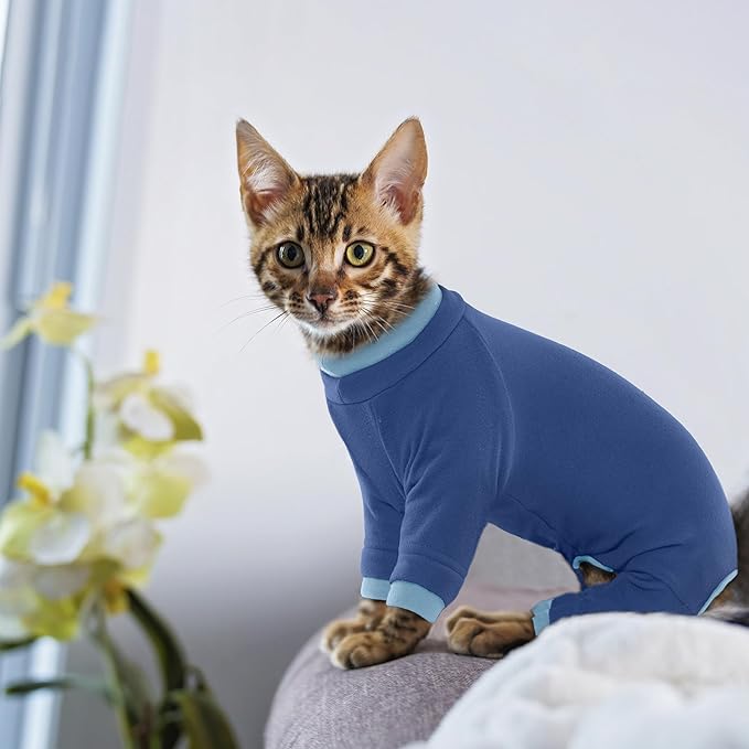 PUMYPOREITY Cat Recovery Suit, Stops Wound Licking After Surgery, Sticky Hair Shirt with Sticky Fabric, Cat Pajamas Prevents Over-Grooming, Blue, XS