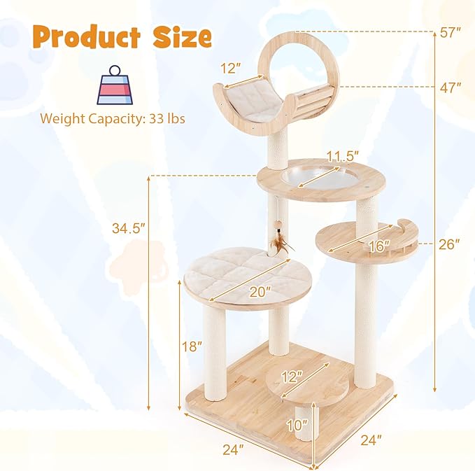 Tangkula Solid Wood Cat Tree, 4-in-1 Building Block Large Cat Tower with Space Capsule Nest, Scratching Posts, Padded Platform, Hanging Toy, Cat Tree Tower with 4 Transformations for Indoor Cats