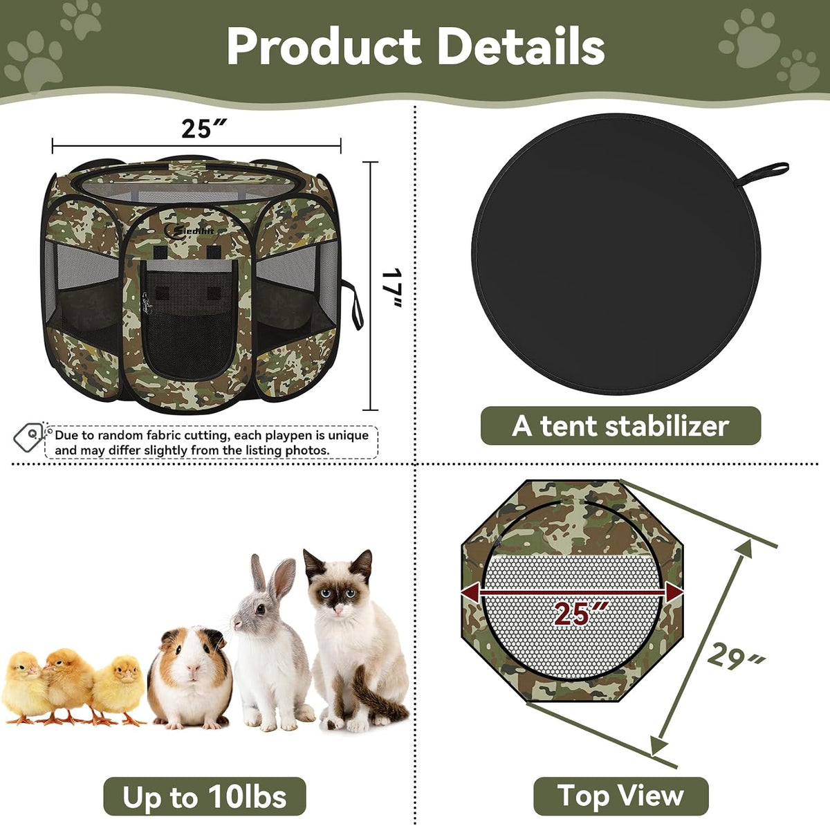 Siedihit Dog Cat Playpen, Puppy Pet Playpen Indoor for Small Dog Crate Tent Cage Outdoor, Portable - Green Camo / Small - image 3