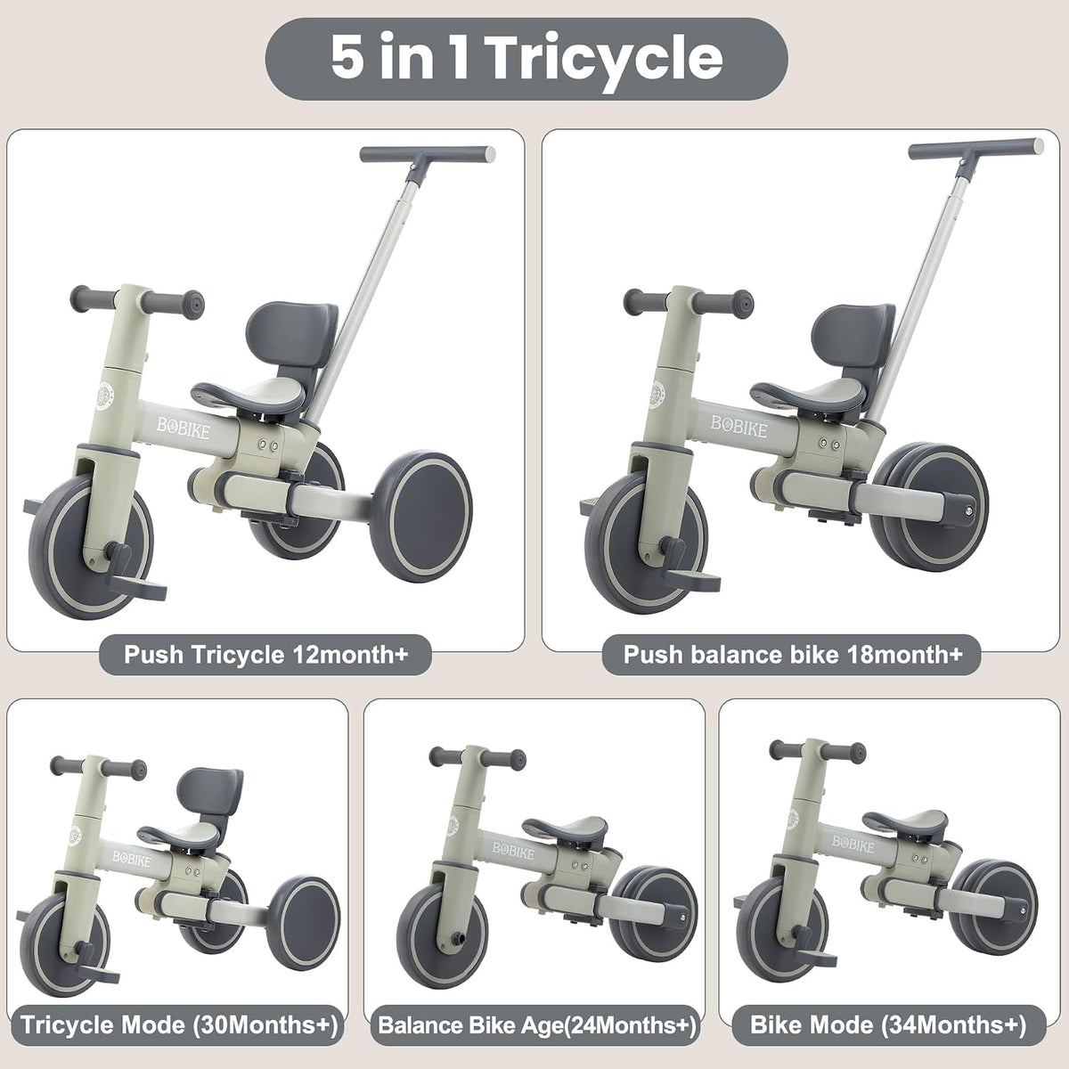 Bobike 5-in-1 toddler tricycle with push handle and seat backrest in purple - view 11