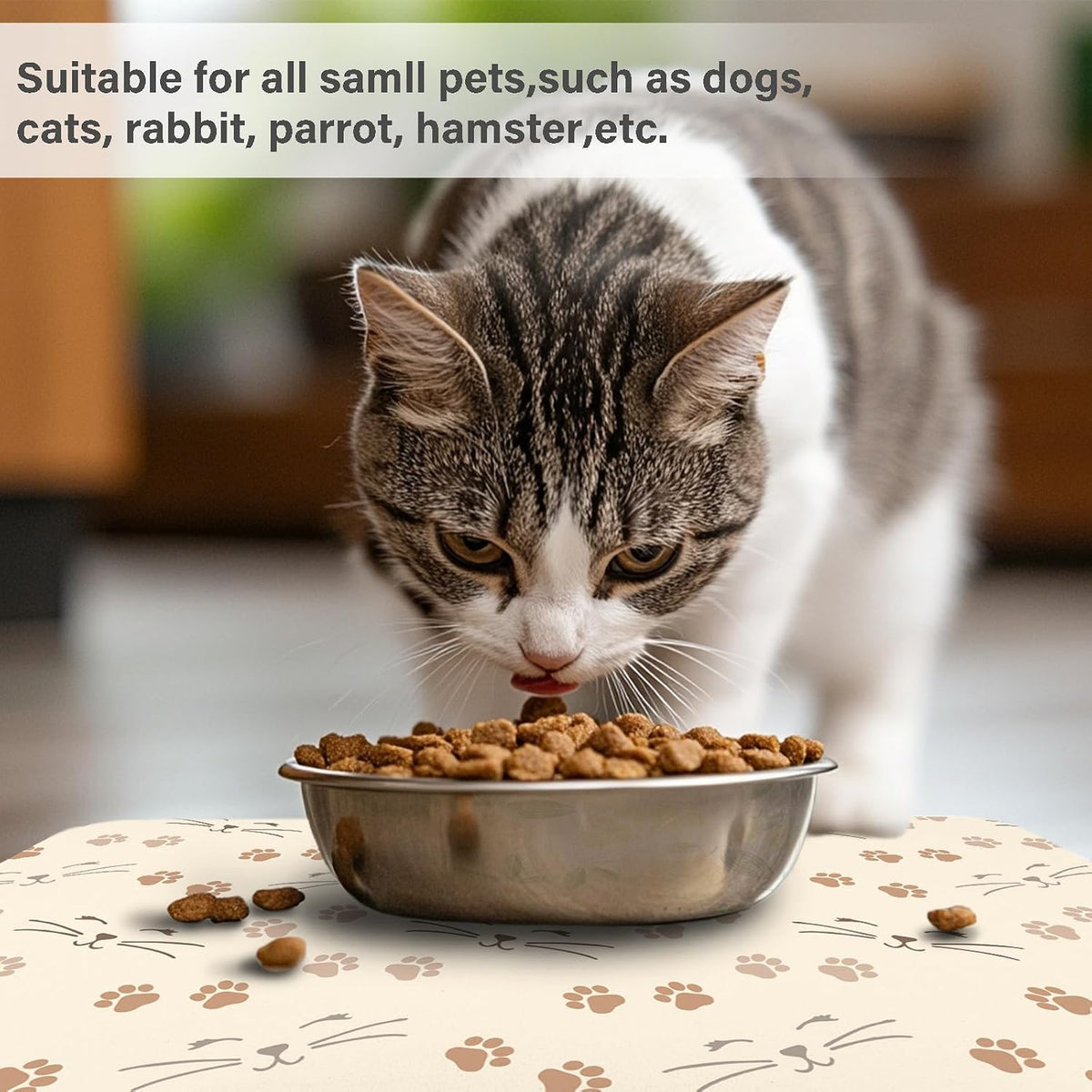 Patterned Cat & Dog Bowl Mat for Food and Water - Large (17" x 30") / Beige-catpaw - image 3