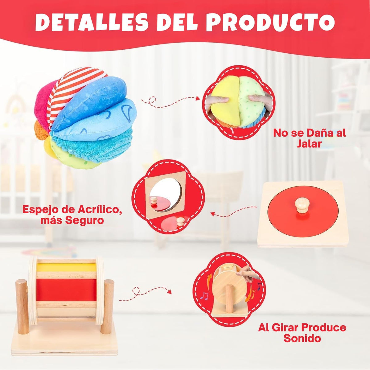 Adena Montessori Play Kit: Knob Puzzle, Drum & Ball, 6-12m – Fun for Kids & Family - Mirror Peekaboo Knob Puzzle, Spinning Drum & Fabric Ball - image 2