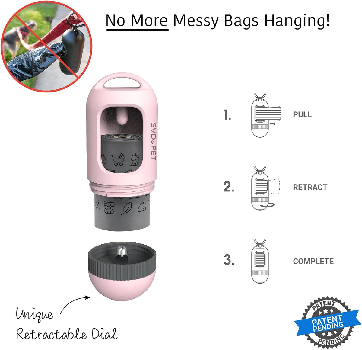 SVD.PET Dog Poop Bag Dispenser, Waste Bag Retractable, Black – Essentials for Dogs - 1-Pack -Primrose Pink - image 2