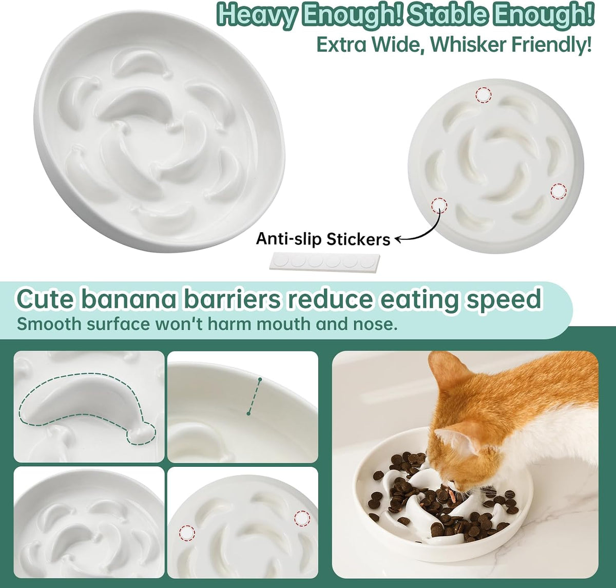 2 Pack Ceramic Cat Slow Feeder Bowl Set, 6.3" Wide - White and Pink - image 3