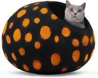 Woolygon Felt Cat Cave Bed, Merino Wool, Handcrafted – Essentials for Cats - Black Polka