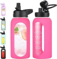 32 oz Glass Water Bottle with Straw and Handle, Sports Motivational Water Flask with Silicone Sleeve, Large Leakproof Water Flask Cup with Time Marker for Travel, Gym, Hot Pink