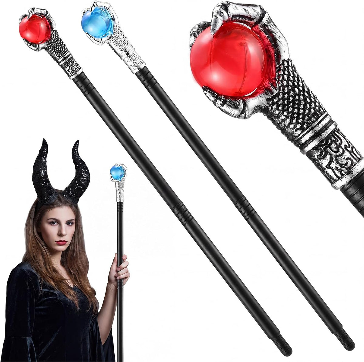 Chivao dragon claw staff props, black staffs with dragon claws holding red and white orbs