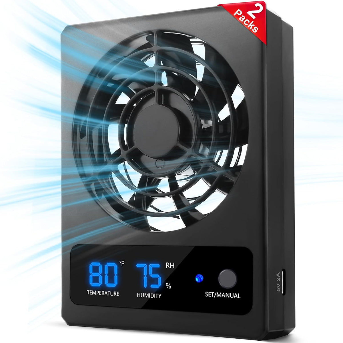 Reptile Ventilation Fan with Humidity Sensor and High-Temp Alarm - 2PCS-Black
