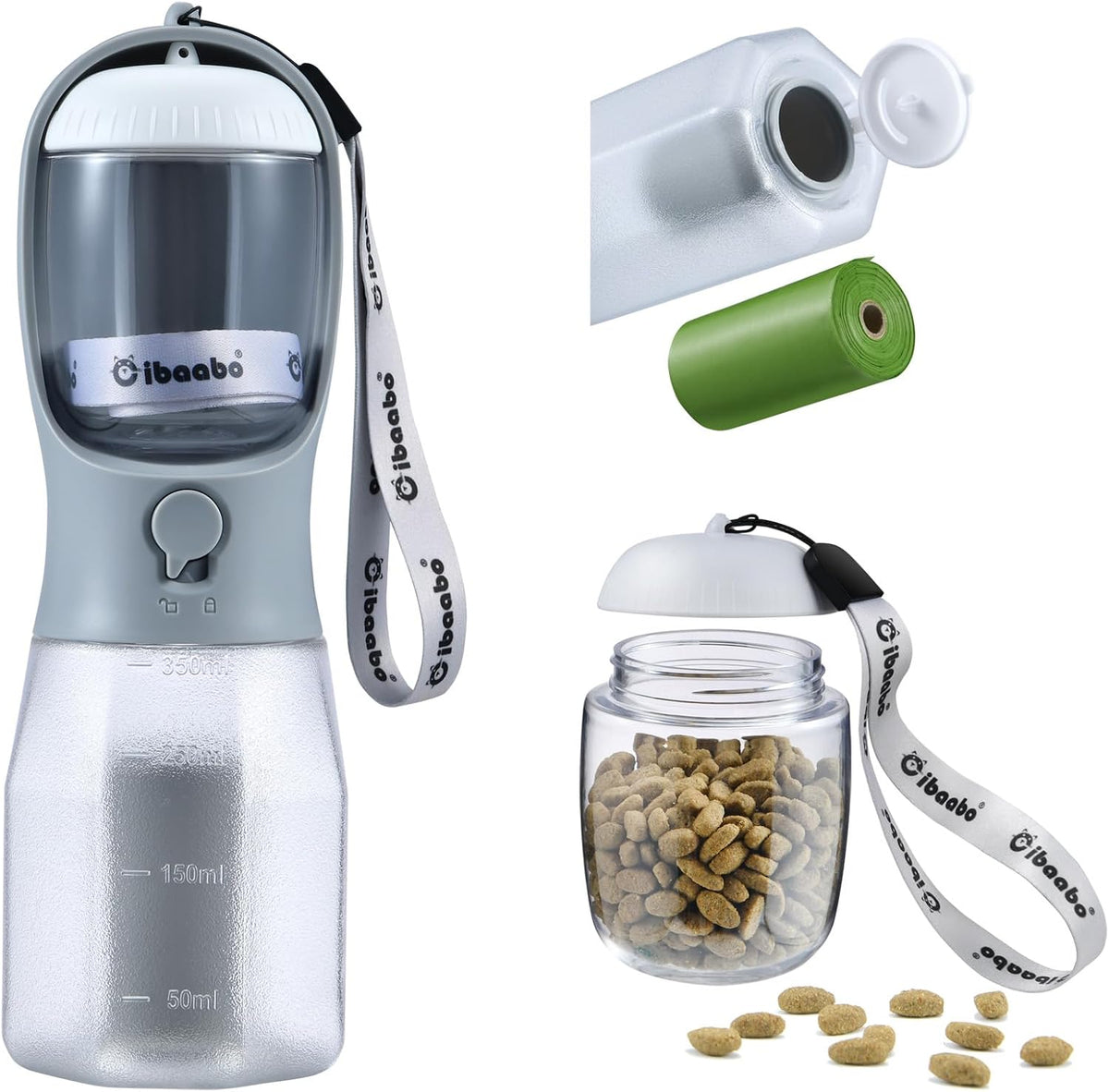 Dog Water Bottle with Food Container & Poop Bag Holder & Filter – Essentials for Dogs - #09 Gray / 12oz