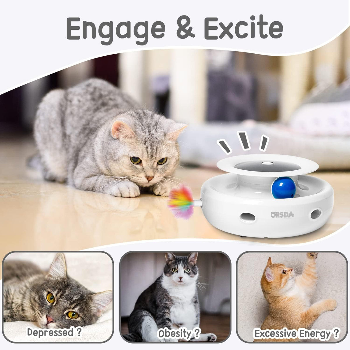 ORSDA 2in1 Interactive Toys for Indoor Cats, Timer Auto On/Off - Lvory White - image 4