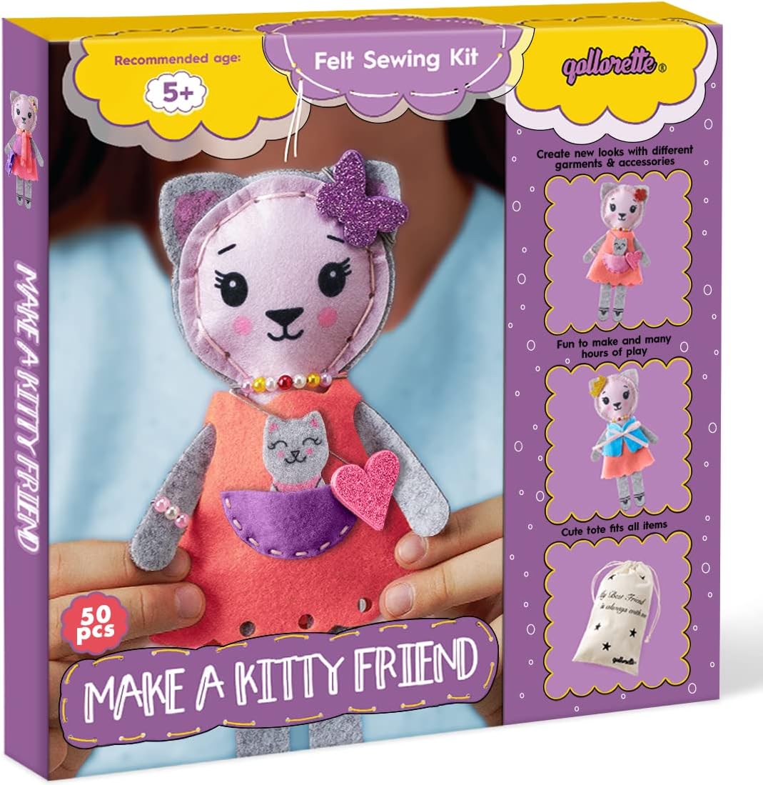 Qollorette felt sewing kit for kids with a handmade kitty stuffed toy and outfits