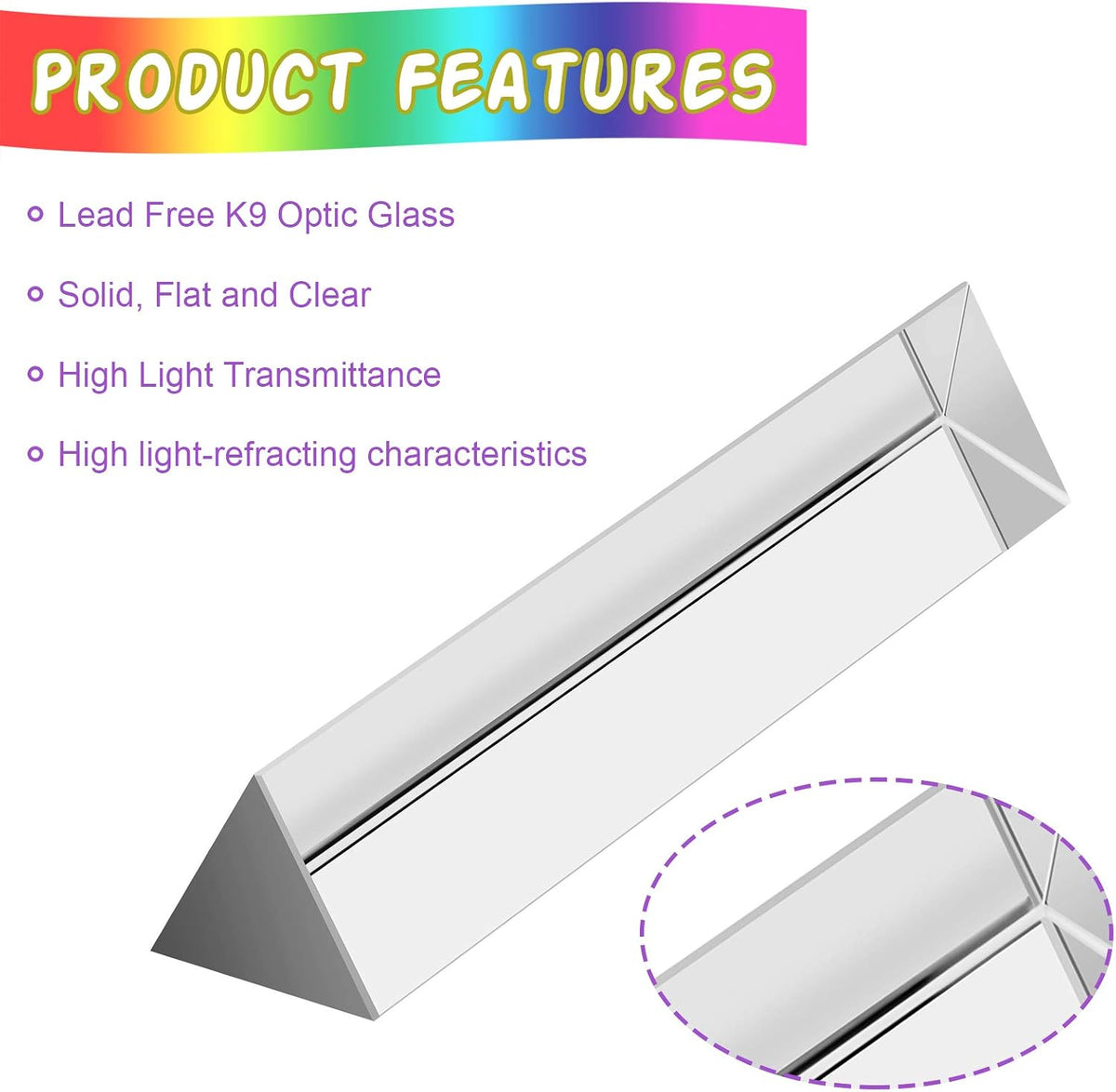 Coitak 6 inch clear K9 glass triangular prism with gift box and microfiber cloth - view 3