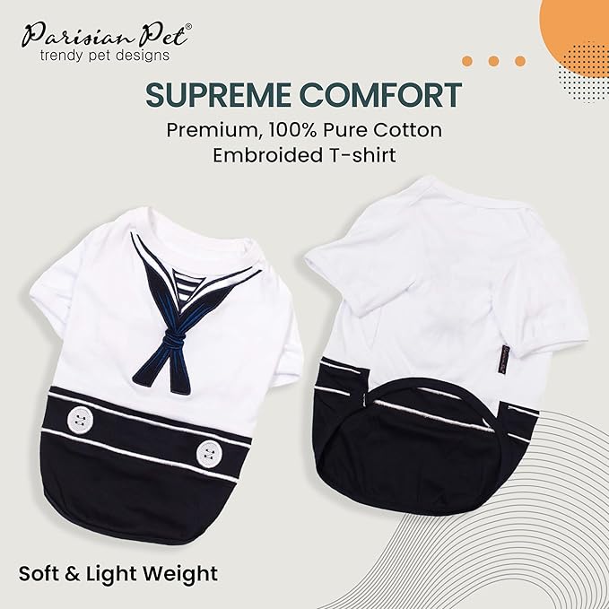 Parisian Pet Sailor Dog Costume - Embroidered Sleeved Dog Shirt - 100% Cotton & Polyester - Blue & White - 3XL
