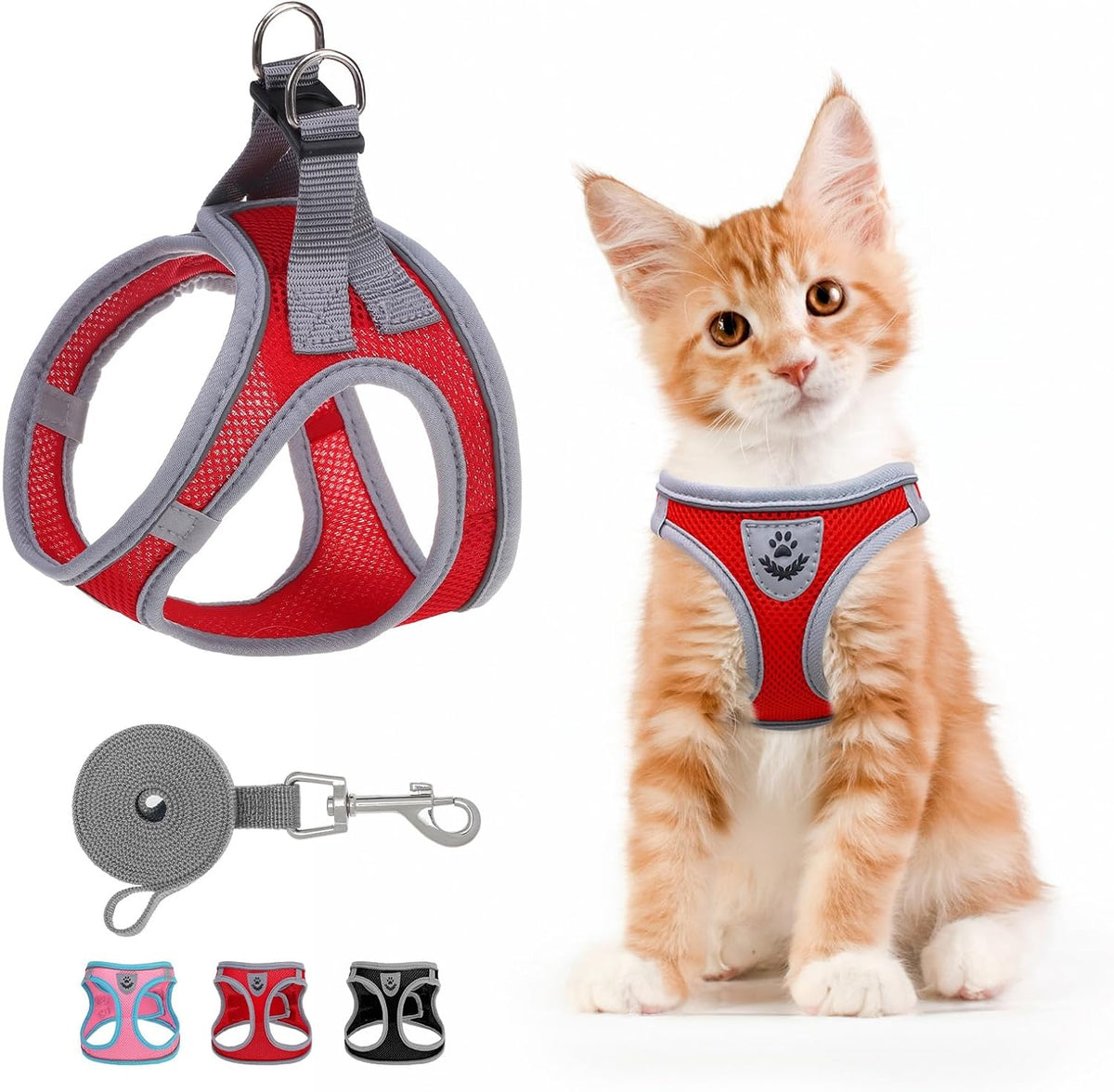 Cat Harness & Leash Set Escape Proof - #1 Red(Gray Wrap and Leash) / Small(Fit Chest 11.3-12.5in)