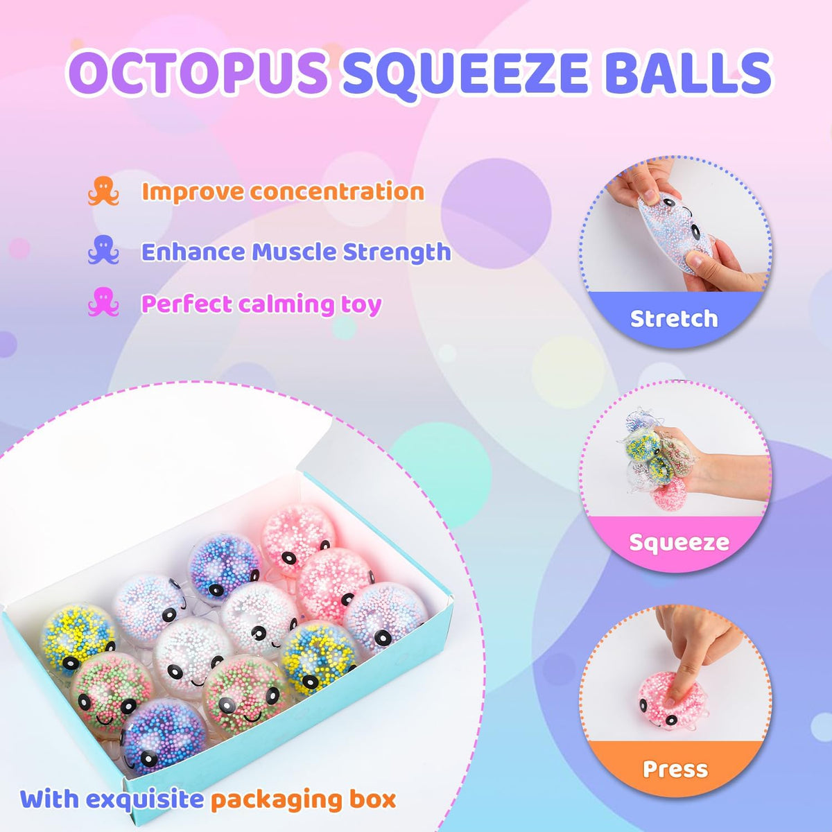 16 Pack Slow Rising Stress Balls，Textured Memory Soft Stress Ball – Fun for Kids & Family - 24 Pack Octopus Stress Balls - image 4