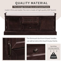 Storage Bench with 2 Drawers and 2 Cabinets, Pine Wood Pine Wood Shoe Bench with Removable Cushion for Living Room, Entryway 42.5" L x 15.9" W x 17.5" H (Espresso)