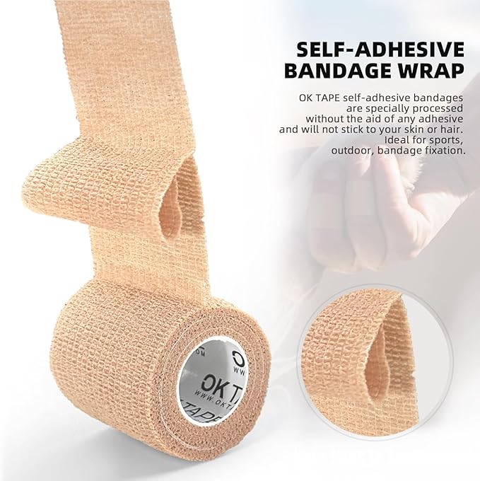 OK TAPE Self Adherent Cohesive Bandages Wrap - 12Packs, 3" x 5 Yards, Non-Woven Self Adhesive Bandage Wrap for Thumb, Finger, Wrist, Ankle, Vet Wrap Bandages Tape (Beige)