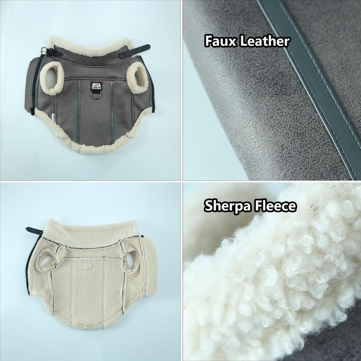 Retro Aviator Dog Jacket – Faux Leather Winter Coat with Plush Sherpa Fleece Lining for Bulldog - Gray / XX-Large - image 4