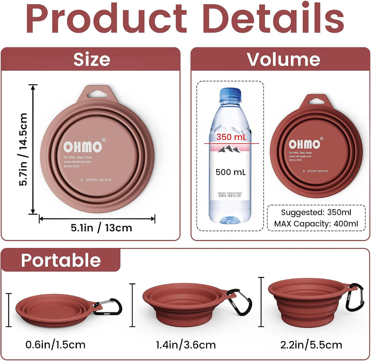 OHMO Collapsible Dog Bowls for Pet Travel, Coral&Brick Red - Steel 2x12oz / Erythrinus&Coral - image 2