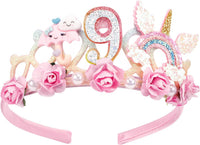 SuPoo 4th Birthday Headband Flower Crown for Girls Princess Tiara 4th - Pink-9th