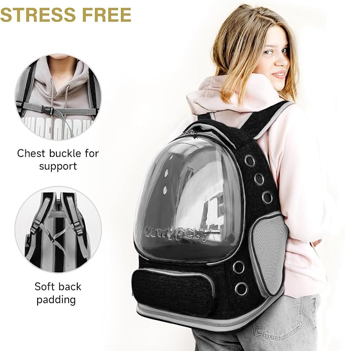 Cat Backpack Carrier, Breathable Cat Carrier Large Space Bubble Pet Backpack for Kitty Small Dog up to 12lbs, Transparent & Foldable Pet Carrier for Travel Hiking (Black