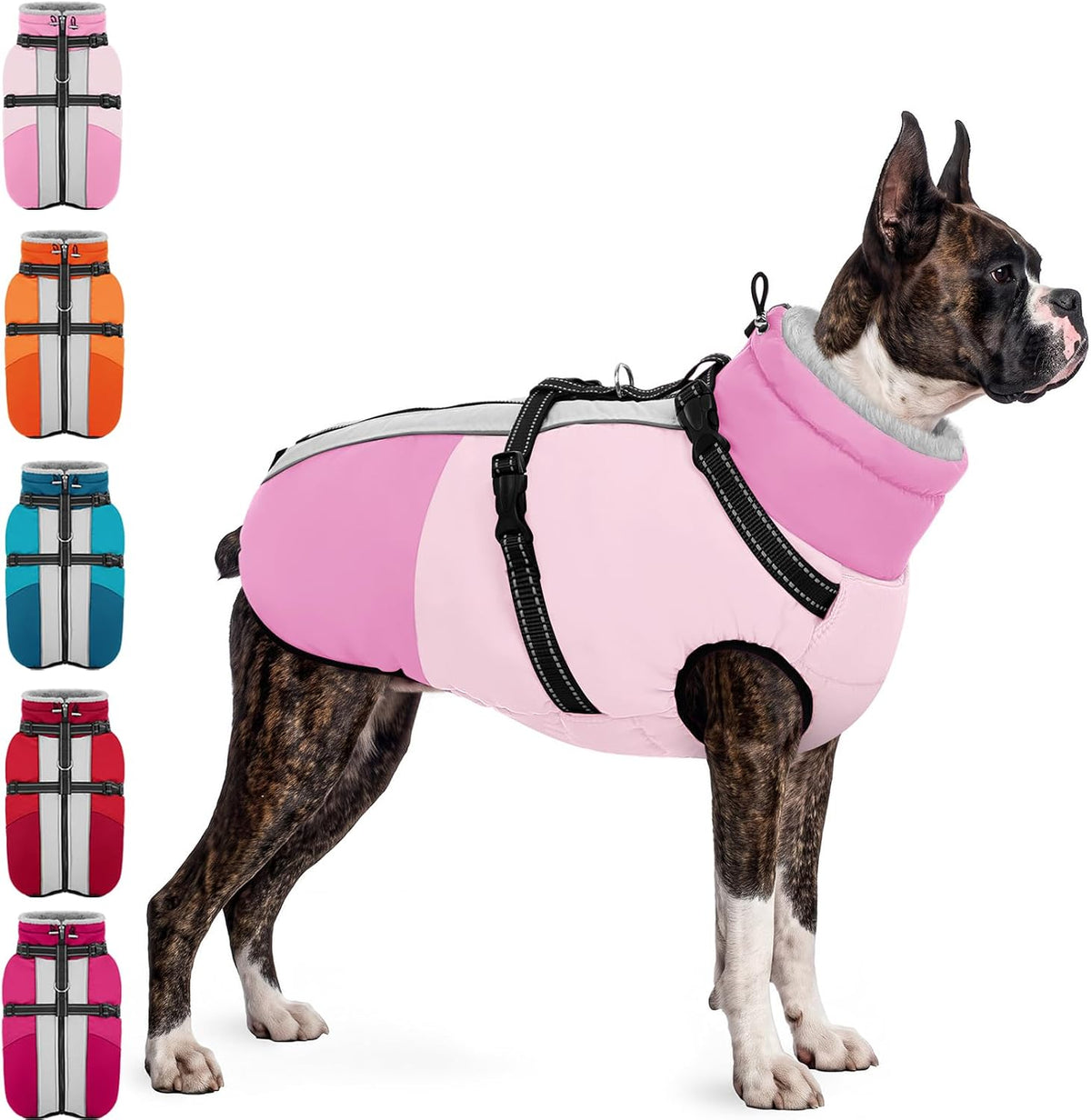 Large Dog Coat Waterproof Dog Winter Jacket with Harness TurquoiseL – Essentials for Dogs - Pink / X-Small