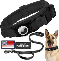 Tactical AirTag Dog Collar Leash Set - Heavy Duty, Adjustable GPS Collar Compatible with Apple AirTag, with Holder & Control Handle for Medium/Large Dogs [Black, XL]