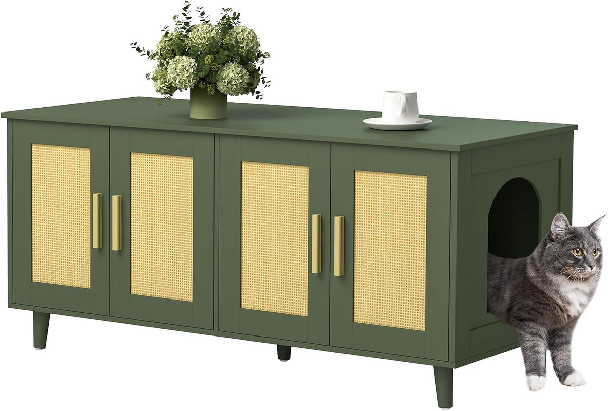 Boho Cat Litter Box Enclosure for 2 Cats, Green and Natural – Essentials for Cats - Green