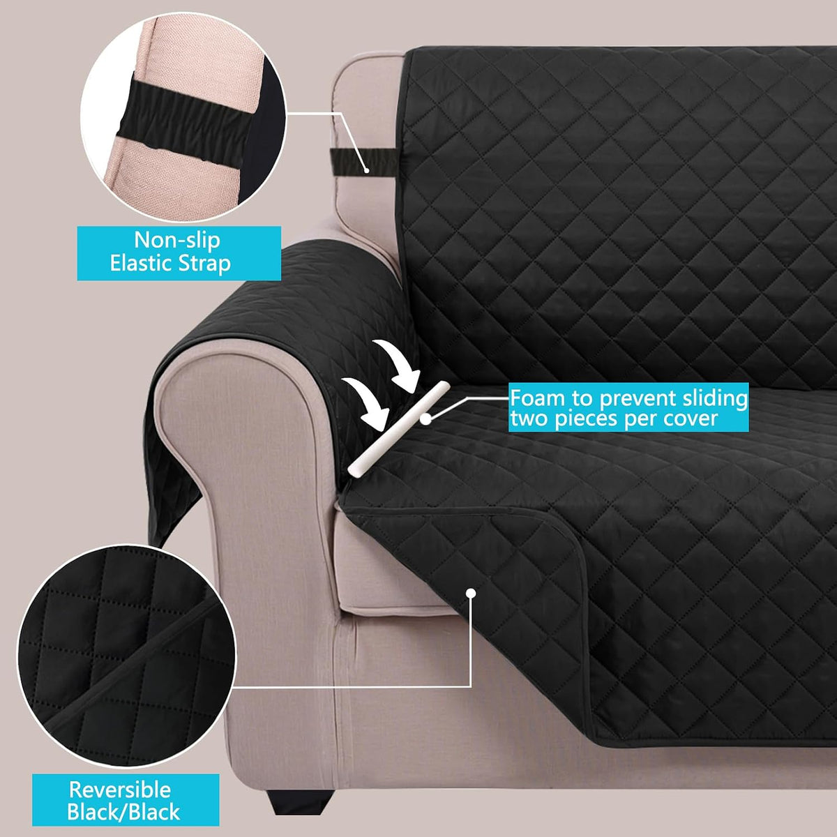 U-NICE HOME Loveseat Sofa Cover for 2 Cushion Couch, Dark Grey – Essentials for Pets - Black/Black / 45''loveseat-small - image 3